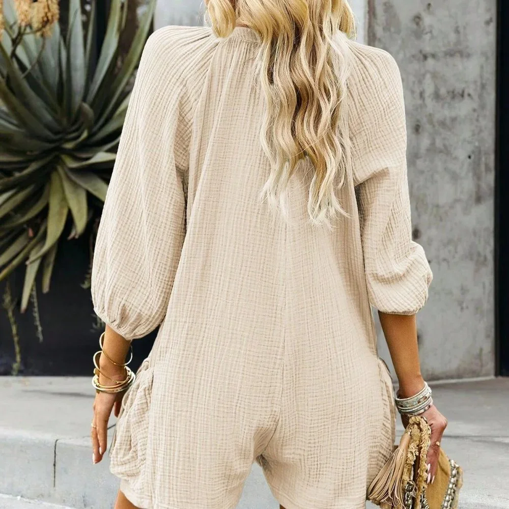 Apricot Boho Womens Half Button Raglan Sleeve Knot Detail Romper - Picture 2 of 5